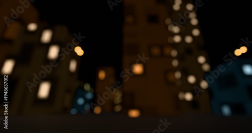 Abstract view of blurred city light of cars. Defocused red lights from moving traffic on a night cityscape. Round colorful bokeh effect on a urban black background. 3D rendering.