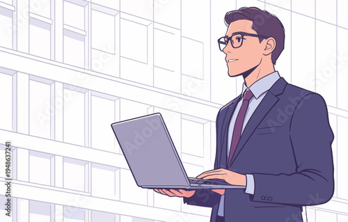 Business professional works on laptop outside a modern building during the day