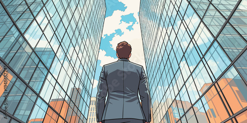 Businessman looks up at tall buildings in a city under a blue sky with clouds