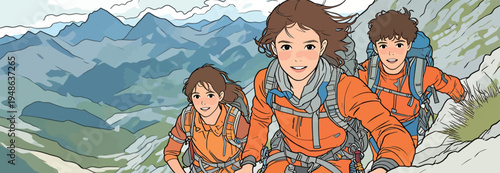 Three friends hike on a mountain trail during a sunny day in the Alps