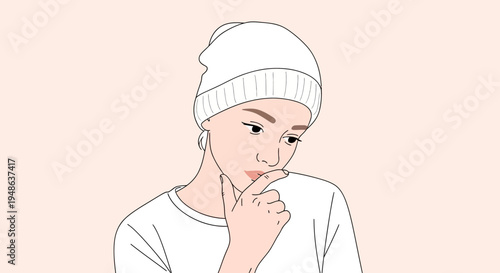 Young Woman Wearing White Beanie and T-shirt, Pensive Expression, Hand on Chin, Minimalist Style