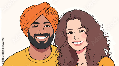 Couple smiling together in a cheerful moment indoors wearing bright outfits and sharing joy