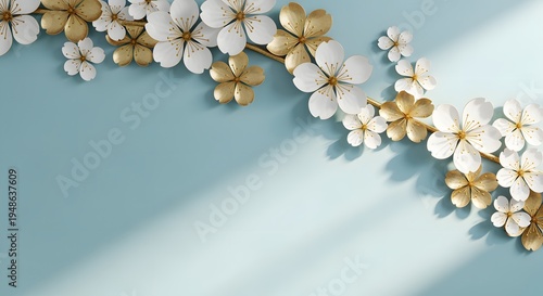 Elegant floral arrangement with gold and white blossoms on a serene blue backdrop.