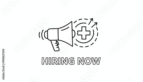 Hiring Now Megaphone with Plus Sign and Arrows - Recruitment and Job Opportunity Concept