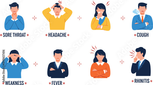 Illustrated symptoms of common illnesses including fever, cough, headache, and sore throat, ideal for healthcare, medical education, and awareness visuals.