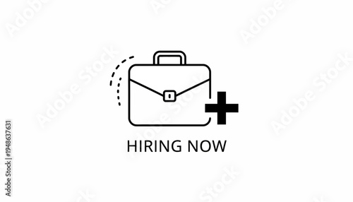 Hiring Now Icon: Briefcase with Plus Sign, Representing Job Opportunities and Recruitment
