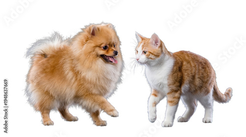 Принти на полотні Friendly Pomeranian dog and an adorable tabby kitten interacting happily, isolated on transparent background