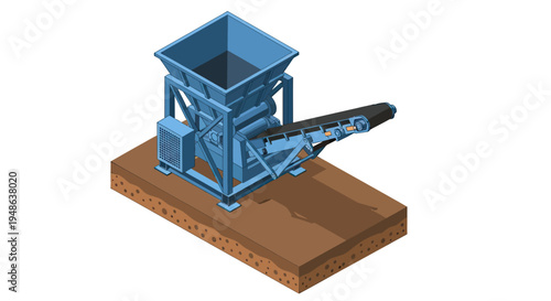 Isometric illustration of a blue industrial conveyor belt system with a hopper for material processing on a brown soil base.