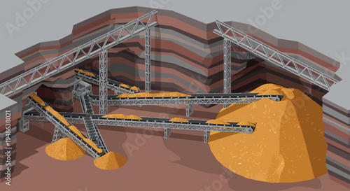 Illustration of an open-pit mine with conveyor belts transporting extracted materials to large piles.