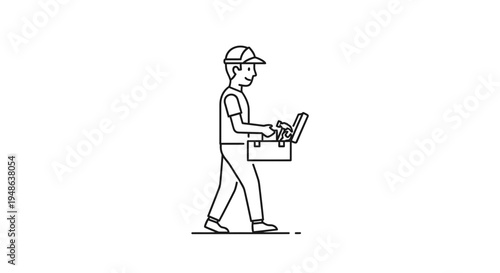 Handyman walking with toolbox, carrying tools, ready for work, line art illustration