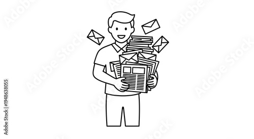 Happy Man Holding Stack of Mail, Newspapers, and Letters
