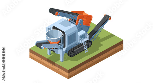 Isometric illustration of a mobile crushing machine with conveyor belts on a grassy terrain.