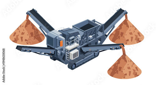 Isometric illustration of a mobile crushing machine processing materials and creating piles of aggregate on conveyor belts.