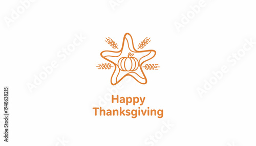 Happy Thanksgiving Star Icon with Pumpkin and Wheat Stalks