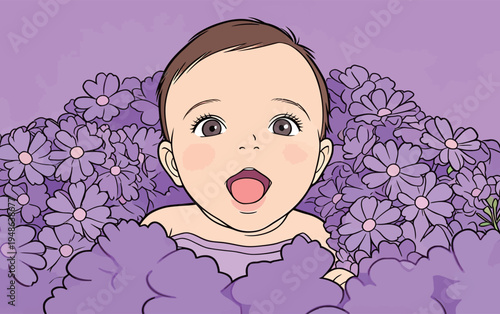 Baby smiling among purple flowers during daytime in a simple garden setting