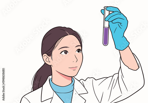 Scientist holds test tube with purple liquid while conducting an experiment in a laboratory setting