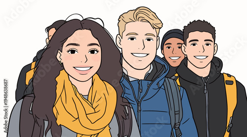 Group of young people smiling together in a fun school activity outdoors during the daytime