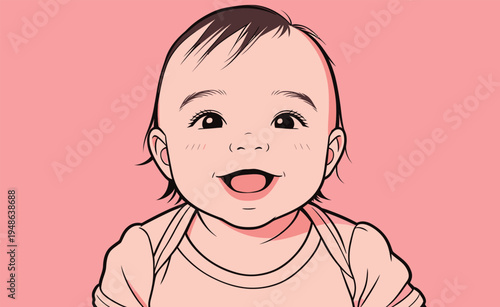 Baby smiles widely against pink background with bright eyes and short hair during a joyful moment