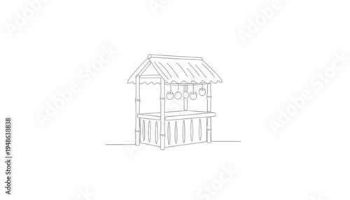 Hand-drawn illustration of a rustic market stall with hanging fruit, simple line art