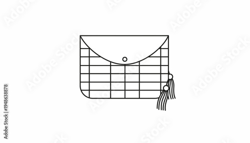 Hand-drawn line art illustration of a plaid pouch with tassels