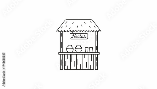 Hand-drawn Nectar Stand Icon with Tropical Roof and Drinkware