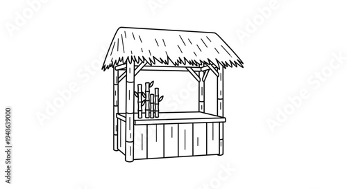 Hand-drawn Tiki Hut Bar Stand with Thatch Roof and Bamboo Accents