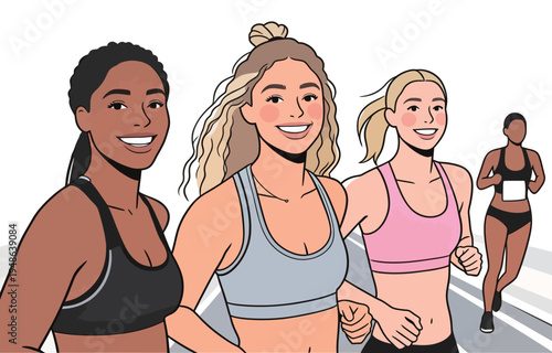 Three women jogging together on a track during a sunny day in a city park in the afternoon