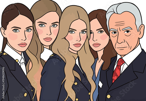 Four women and a man dressed in formal attire standing together in a group for a portrait