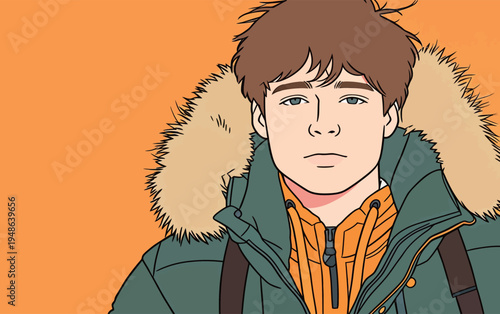 Young person dressed in warm clothing stands against a bright orange background in a cold weather setting