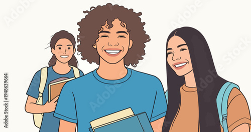 Students smile and walk together carrying books in a school setting during the daytime