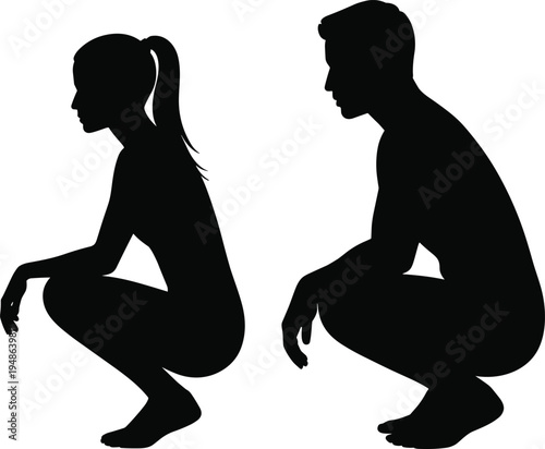 Man and woman squatting silhouette human body posture fitness exercise pose people sitting squat position vector illustration isolated