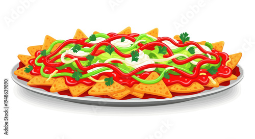 Loaded Nachos with Salsa, Sour Cream, and Guacamole on a Plate