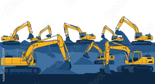 Construction site with multiple excavators digging and moving earth