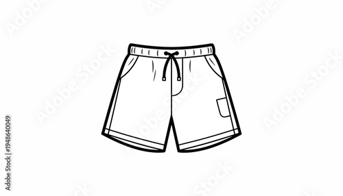 Flat lay fashion illustration of casual shorts with drawstring and pocket, isolated on white