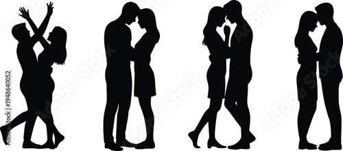 Romantic couple silhouette set love relationship hugging kissing man and woman romantic pose vector illustration isolated design collection