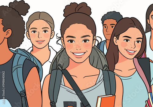 Group of young students smiling and walking together in a school hallway in the daytime