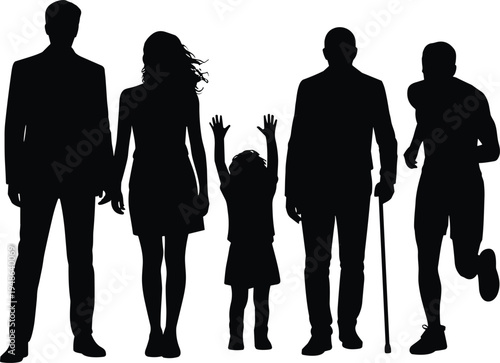 People silhouette collection family child elderly and athlete standing figures human lifestyle vector illustration isolated character set