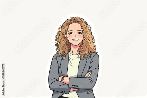 Woman in business attire smiles with arms crossed while standing in front of plain background