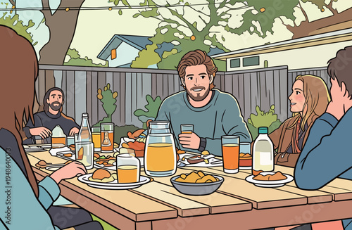 Gathering of friends enjoying food and drinks in a backyard during a sunny afternoon