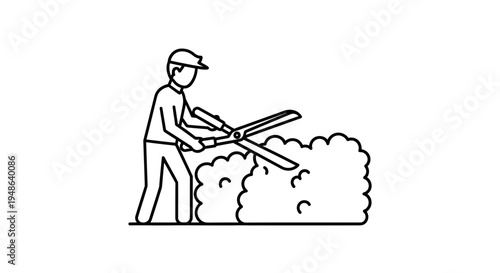 Gardener trimming bush with shears, line art icon, outdoor work, landscaping service concept