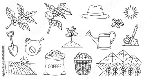 Coffee farm agriculture doodle black elements with coffee plant cherries farmer tools vector set