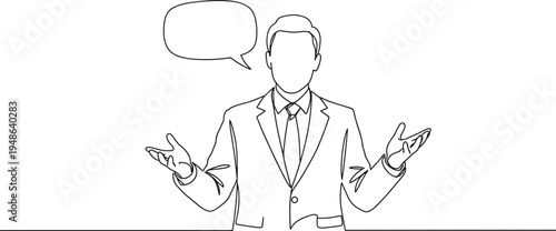 Stroke outline illustration of a businessman gesturing with hands while speaking in a suit on a transparent background