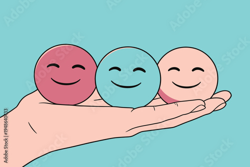 Three colorful balls with smiles held in a hand on a light blue background