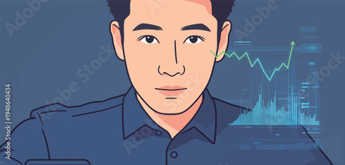 Man checks stock market on his smartphone while data displays appear in the background