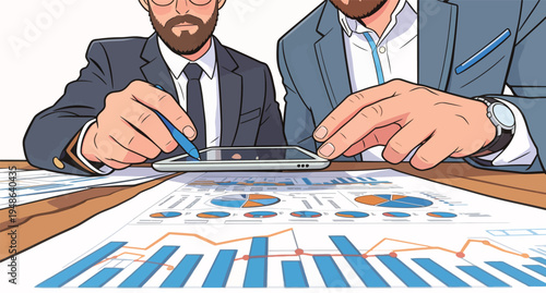 Business professionals discuss data and graphs during a meeting in an office setting in the afternoon