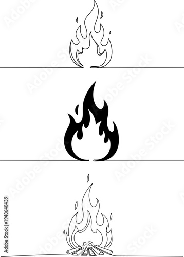 Stroke outline illustration of fire flames on a transparent background with a campfire and smoke in a stylized design for outdoor activities or warmth