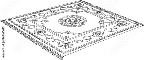 Ornate area rug with intricate patterns and fringes in black and white  