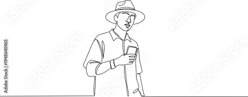 Stroke outline illustration of a man holding a phone in a casual outfit with a hat on a transparent background