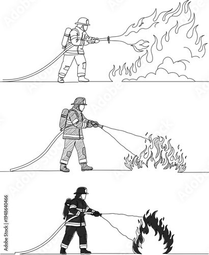 Stroke outline illustration of firefighter extinguishing flames outdoors with water hose on a transparent background in a dynamic action pose