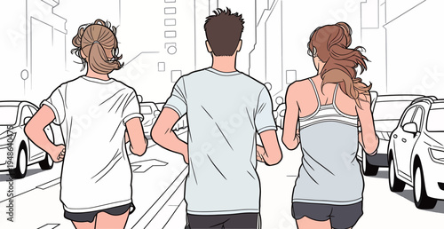 Runners jog along a busy street in an urban area during the day